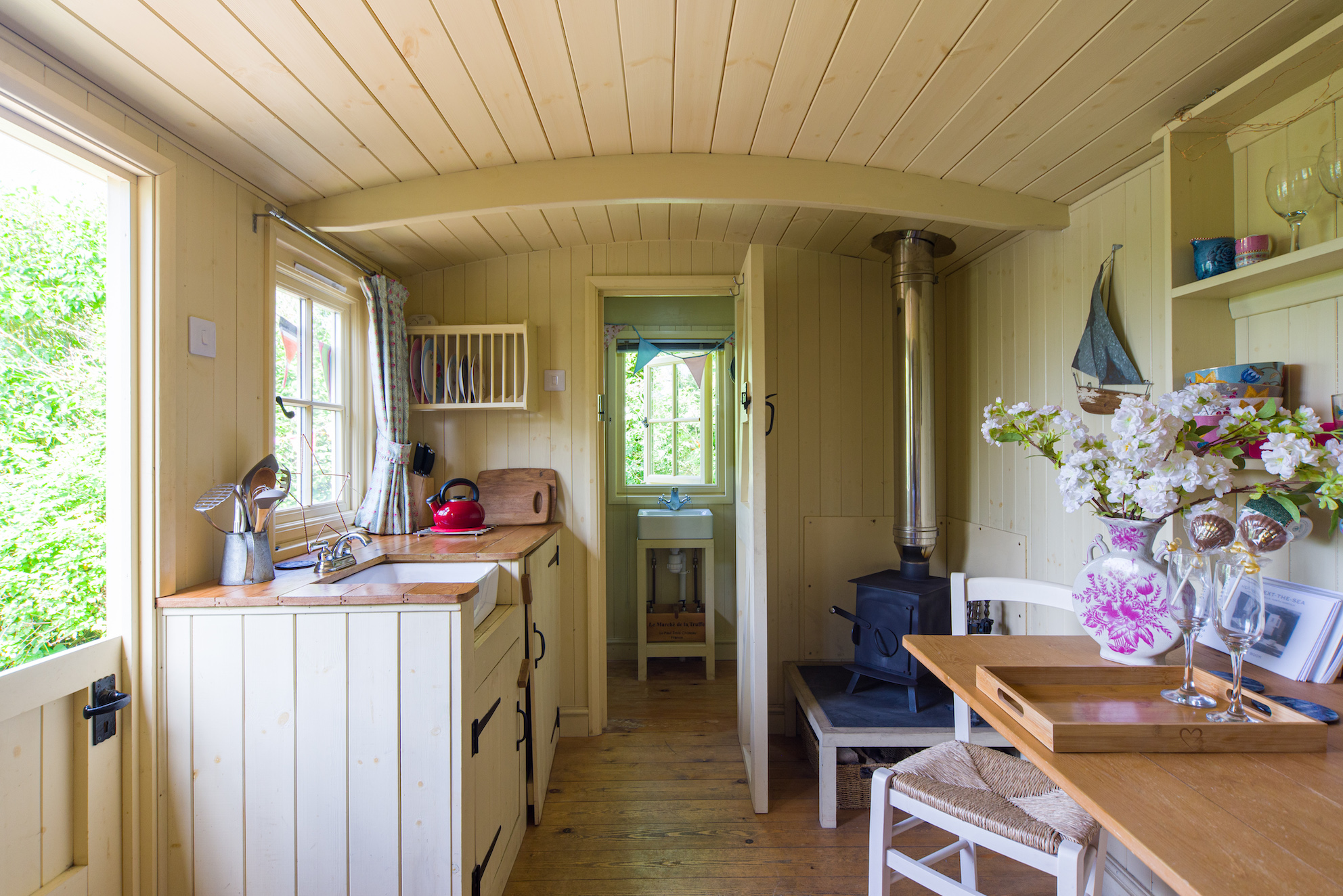 Interior of the self-catering shepherd's hut available as holiday accommodation in Wells-next-the-Sea